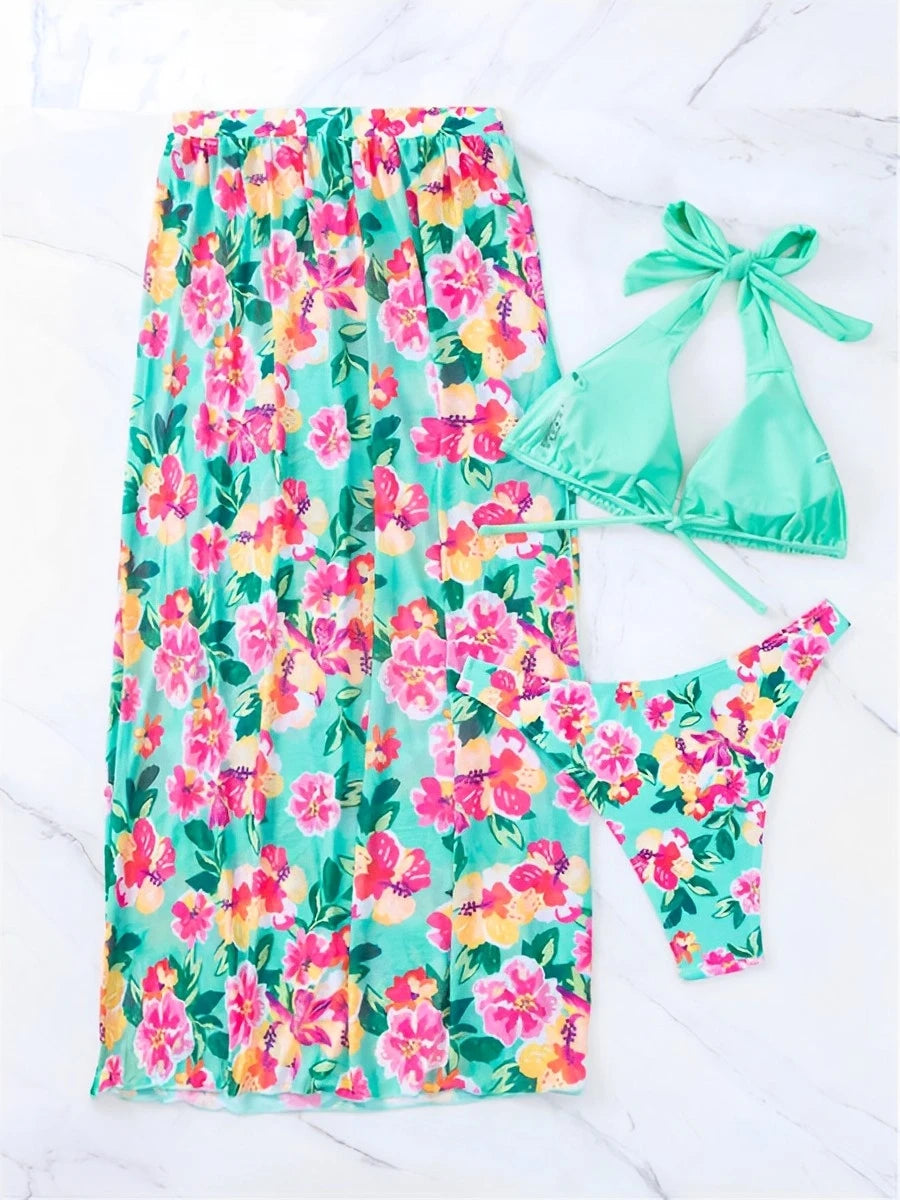 2024 Halter String Print 3 Piece Bikini Long Skirt Swimsuit Women