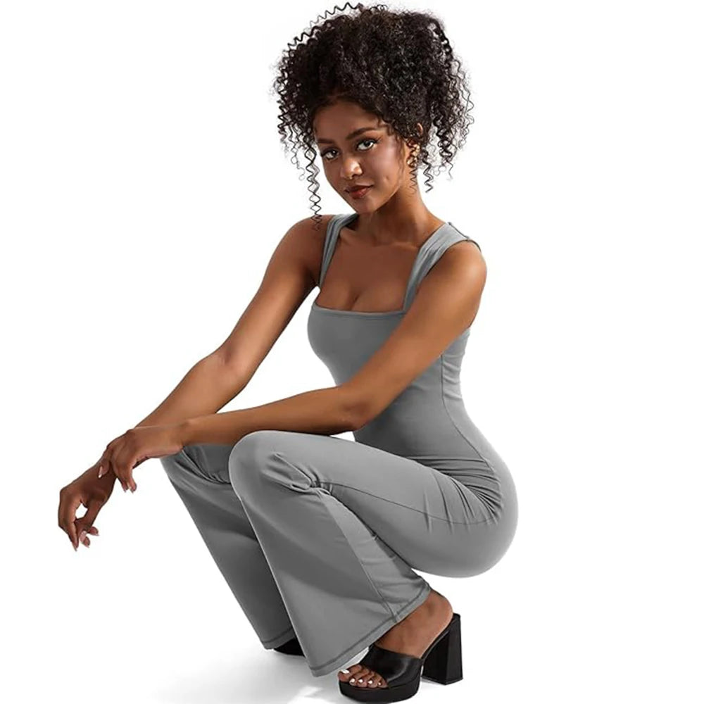 Women's Sleeveless Bodysuit Flared Pants with Square Neck