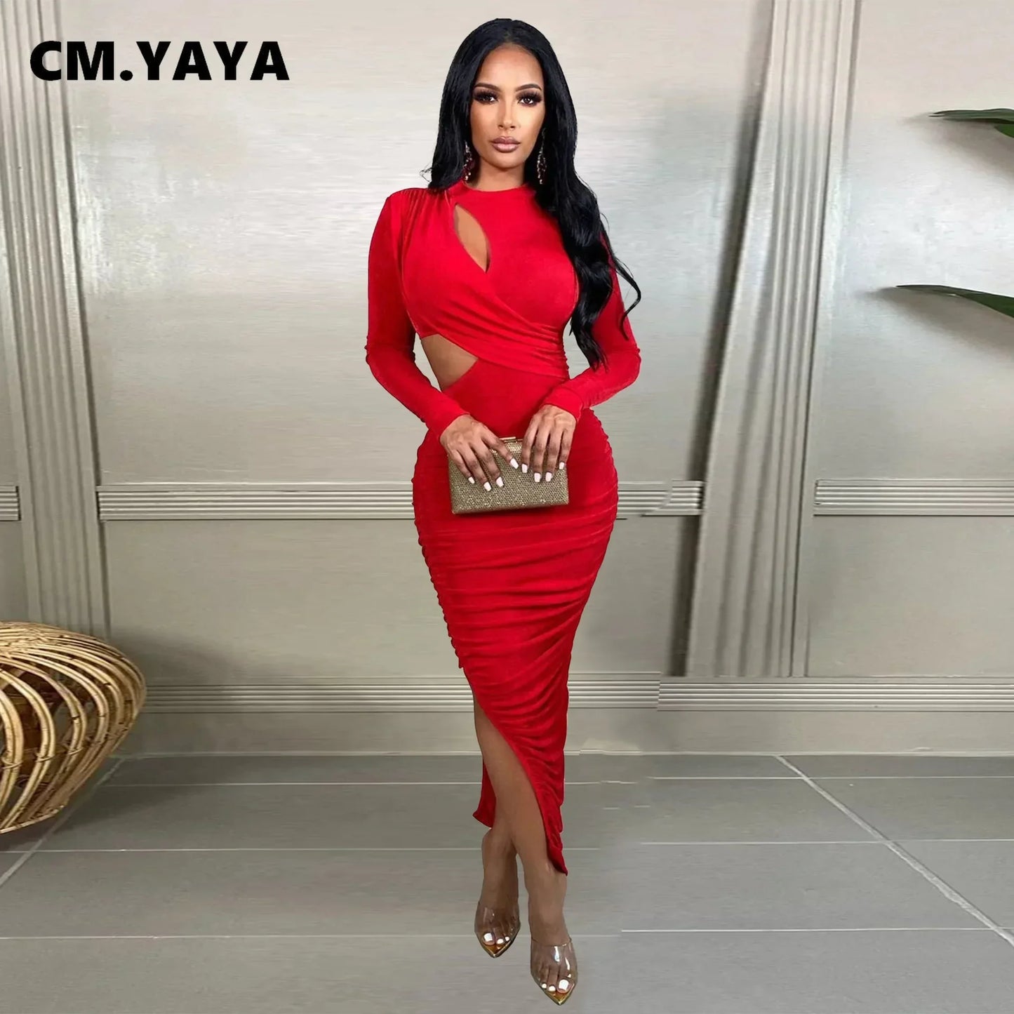 Women Wrap Cutout High Side Split Long Sleeve O-neck Maxi Dress.