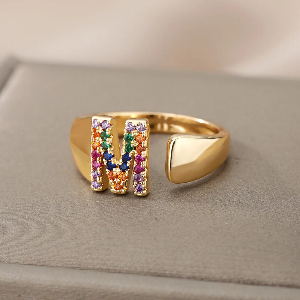 Rainbow Zircon Letter Rings for Women Gold Color Stainless Steel Initial Ring Adjustable Wedding Couple Rings Boho Jewelry Bague
