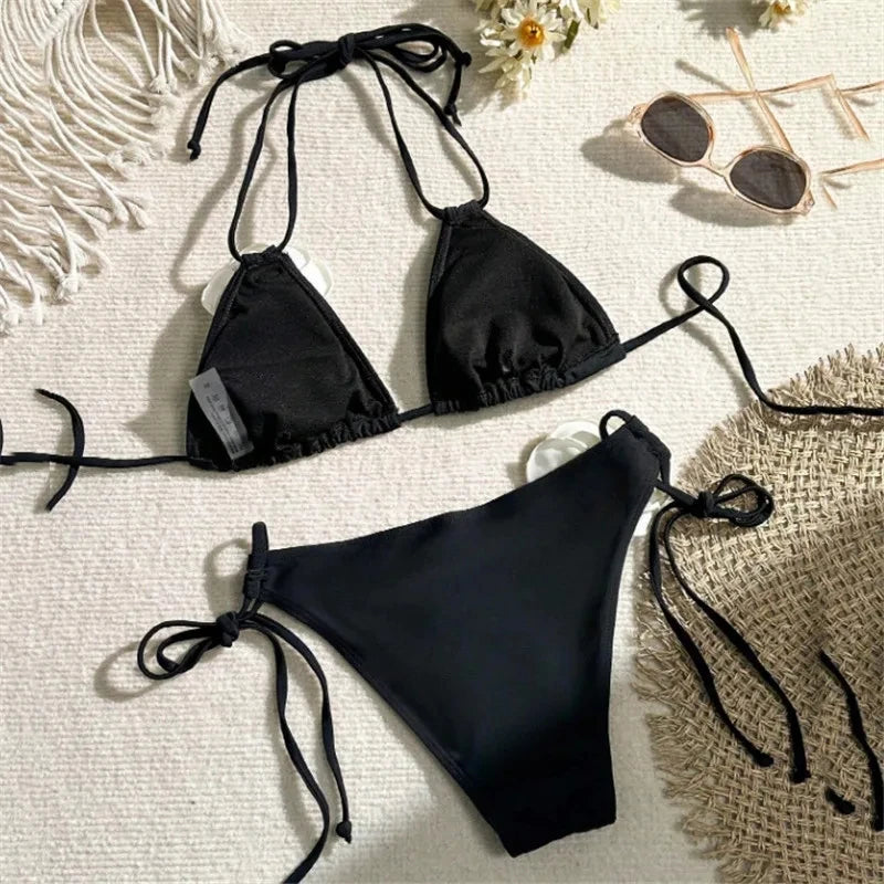 Sexy Flower Bandeau Swimwear Thong Bikini 2024 Women Lace-up Swimsuit