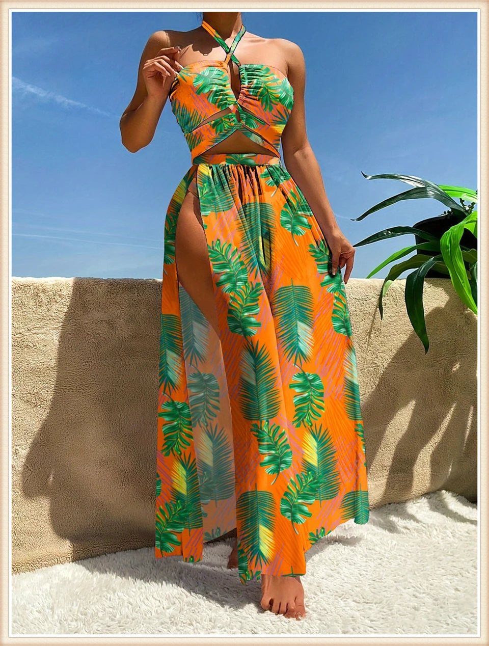 Women Sexy Halter Swimsuit & Cover Up Pants Swimwear