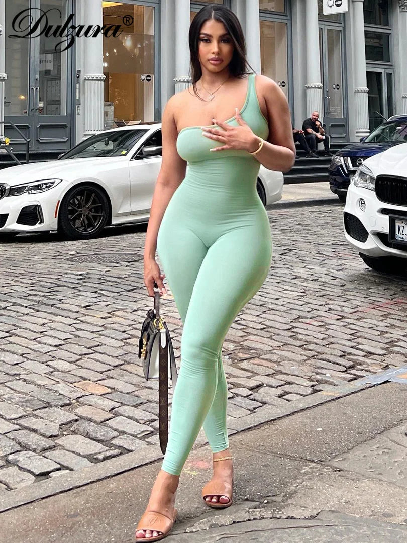Sexy Slant Collar One Shoulder Sleeveless Solid Pure Clubwear Jumpsuit