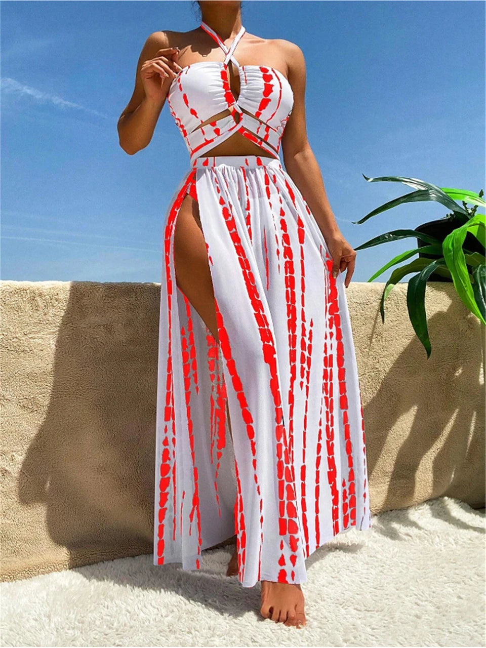 Women Sexy Halter Swimsuit & Cover Up Pants Swimwear