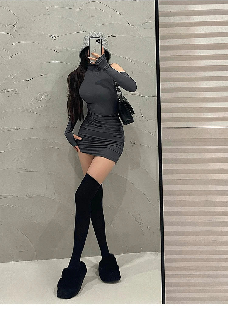 Sexy High Neck Tight Dress Oversleeve Pleated Bottom Wrapped Hip Dress
