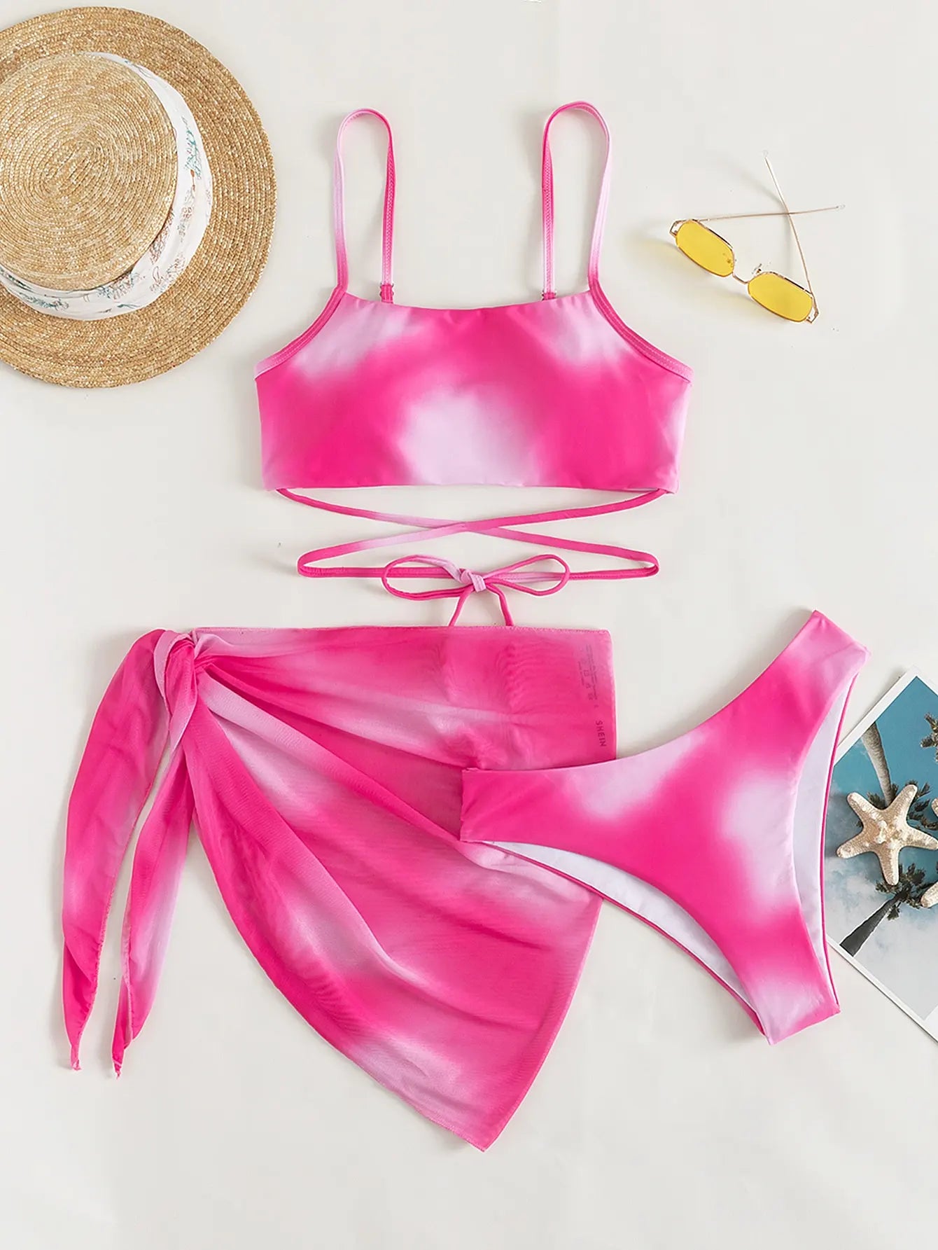 Sexy 3 Pieces Ombre Lace Up Bikini Swimsuit & Beach Skirt