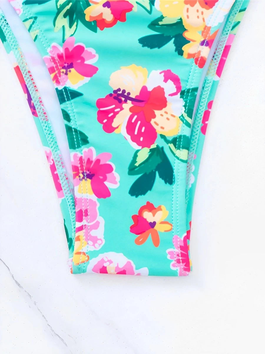 2024 Halter String Print 3 Piece Bikini Long Skirt Swimsuit Women