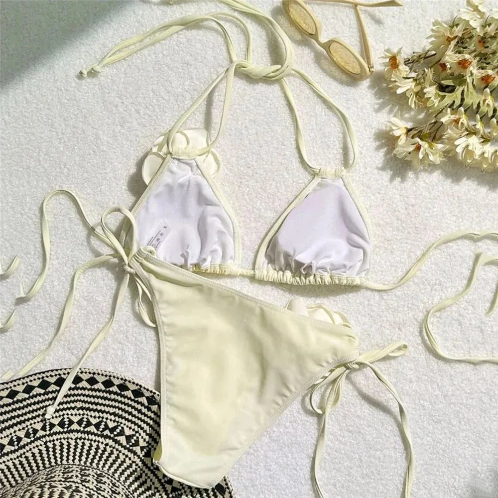 Sexy Flower Bandeau Swimwear Thong Bikini 2024 Women Lace-up Swimsuit