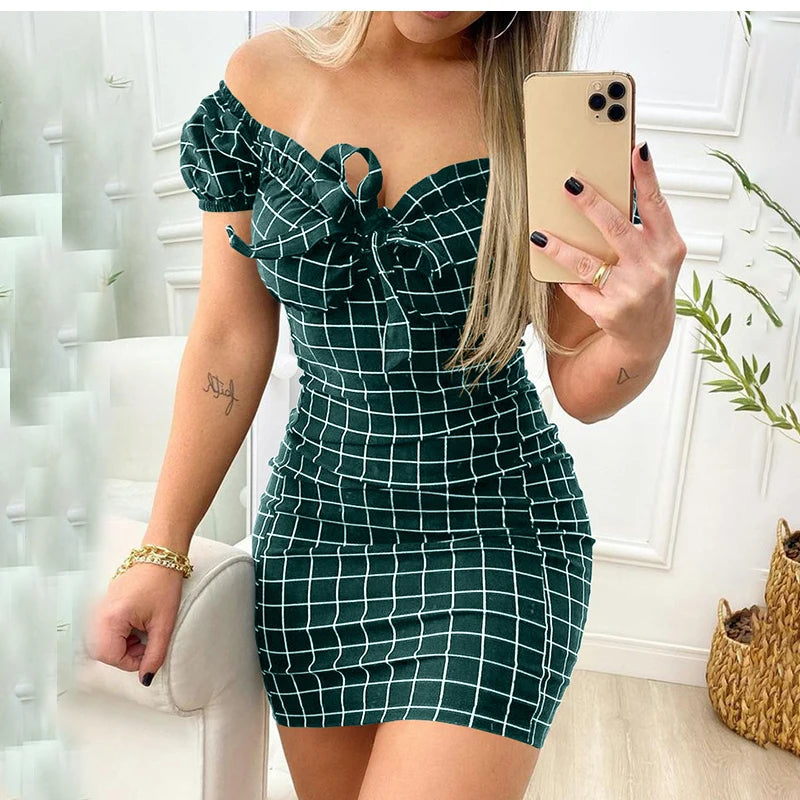 Sexy Plaid Off Shoulder Mini Dress