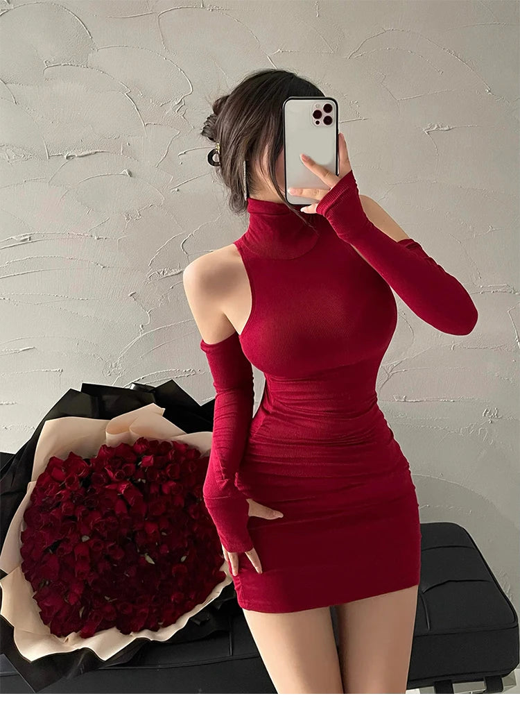 Sexy High Neck Tight Dress Oversleeve Pleated Bottom Wrapped Hip Dress