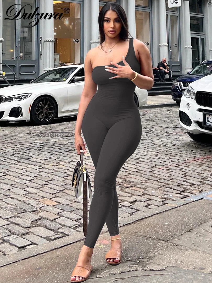Sexy Slant Collar One Shoulder Sleeveless Solid Pure Clubwear Jumpsuit
