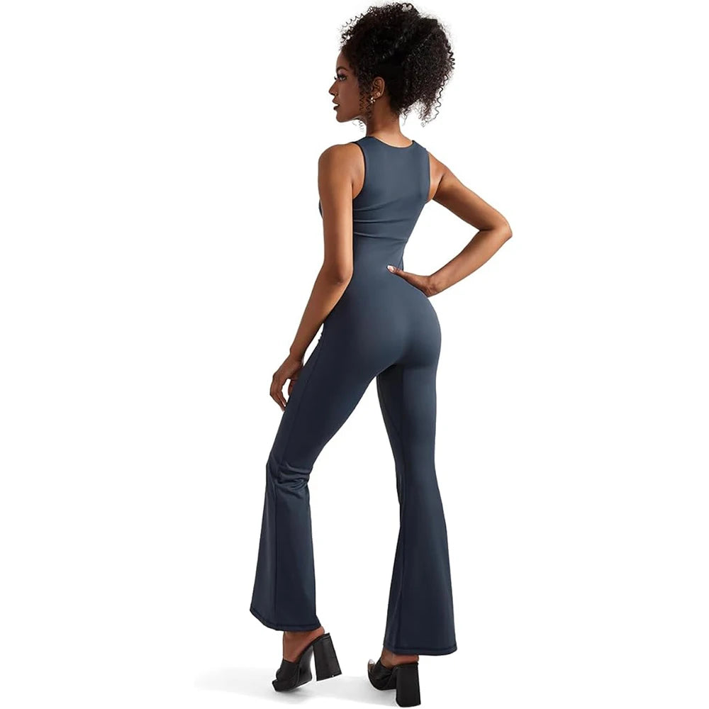 Women's Sleeveless Bodysuit Flared Pants with Square Neck