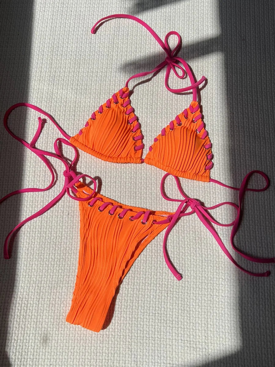 Halter Wrinkled Weave Bikini Women Swimwear