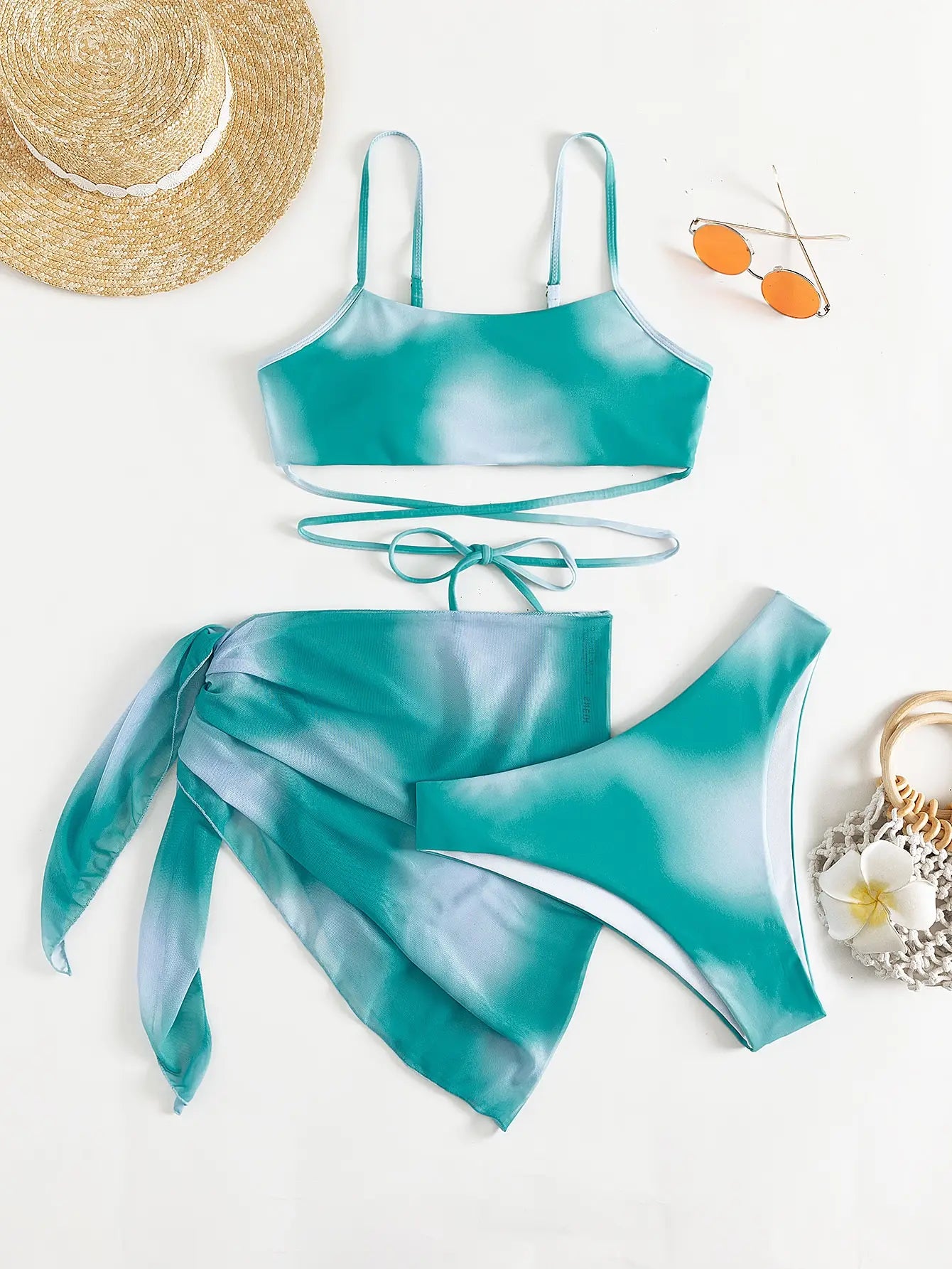 Sexy 3 Pieces Ombre Lace Up Bikini Swimsuit & Beach Skirt