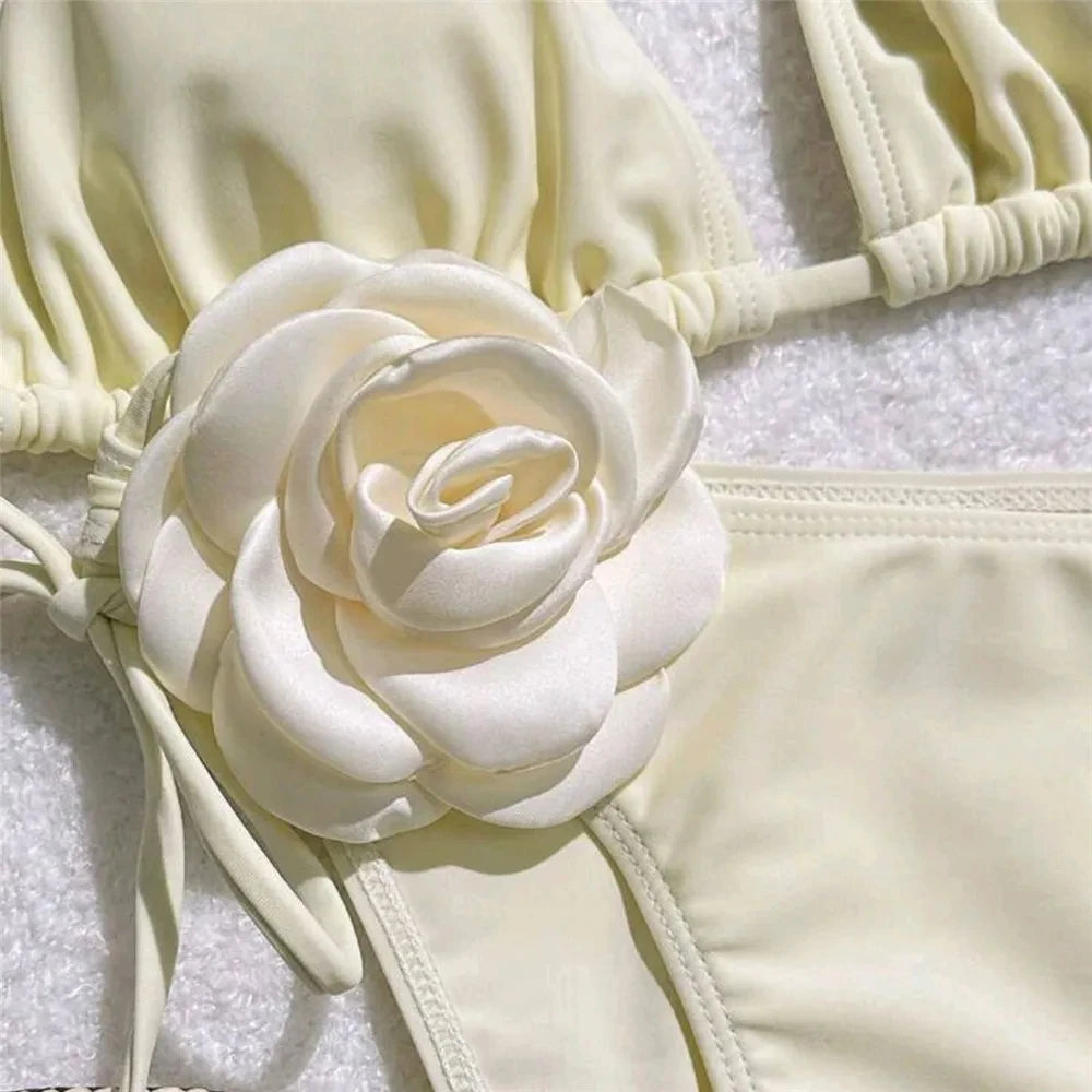 Sexy Flower Bandeau Swimwear Thong Bikini 2024 Women Lace-up Swimsuit