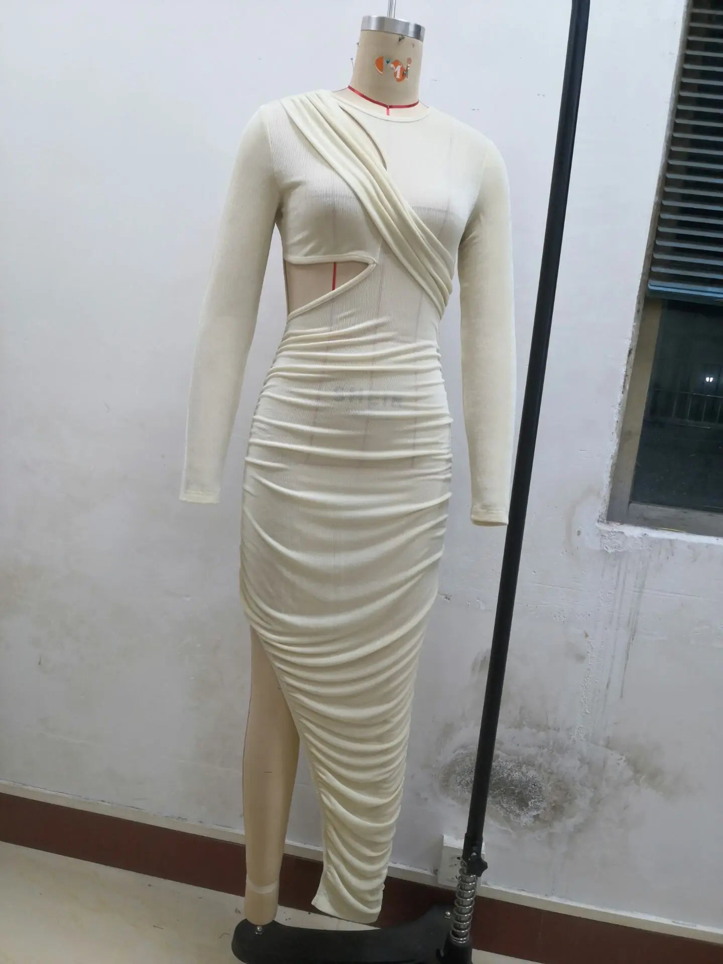 Women Wrap Cutout High Side Split Long Sleeve O-neck Maxi Dress.