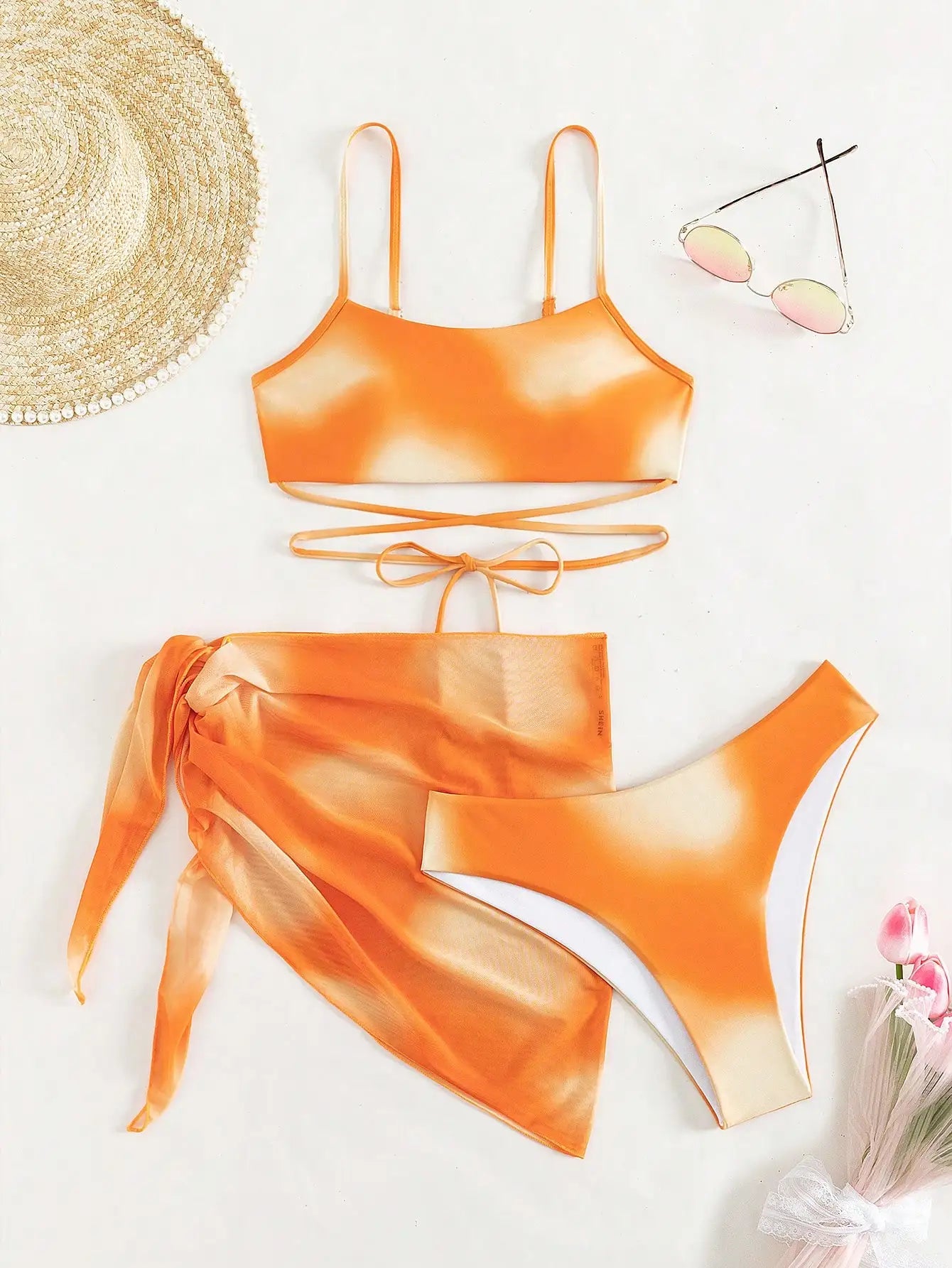 Sexy 3 Pieces Ombre Lace Up Bikini Swimsuit & Beach Skirt