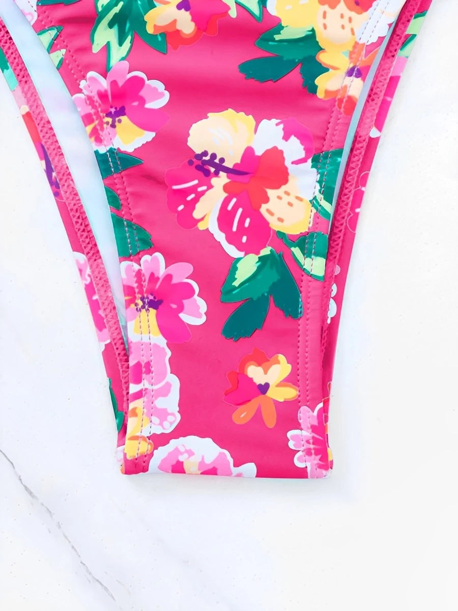 2024 Halter String Print 3 Piece Bikini Long Skirt Swimsuit Women