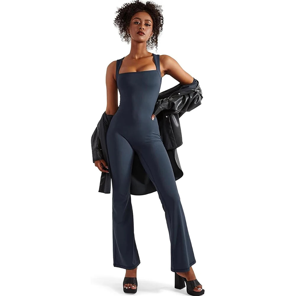 Women's Sleeveless Bodysuit Flared Pants with Square Neck