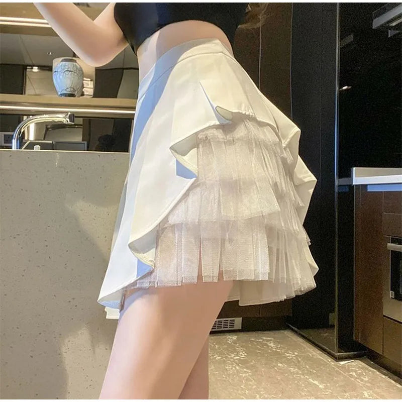 Elegant White Ruffled High Waist Mini Skirt For Women