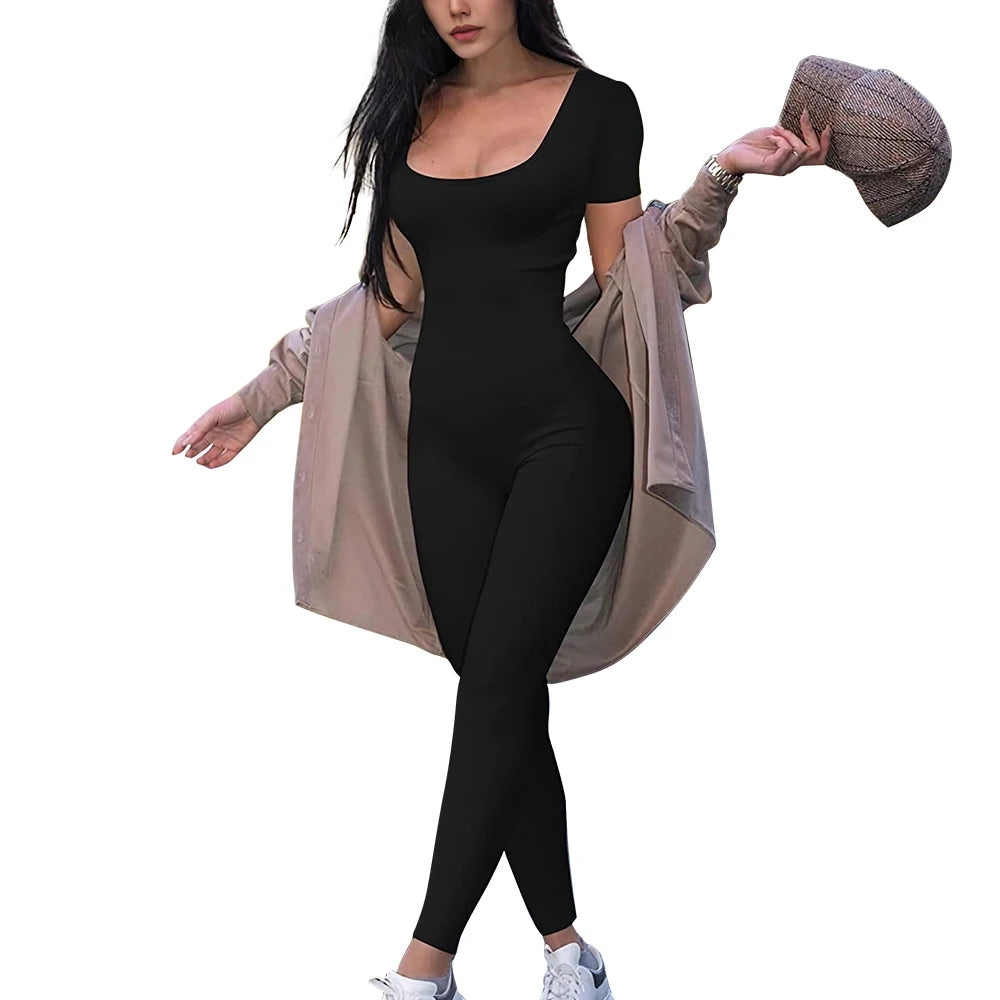 New Women's One-piece Short Sleeve Solid Color Sexy Slim Suit