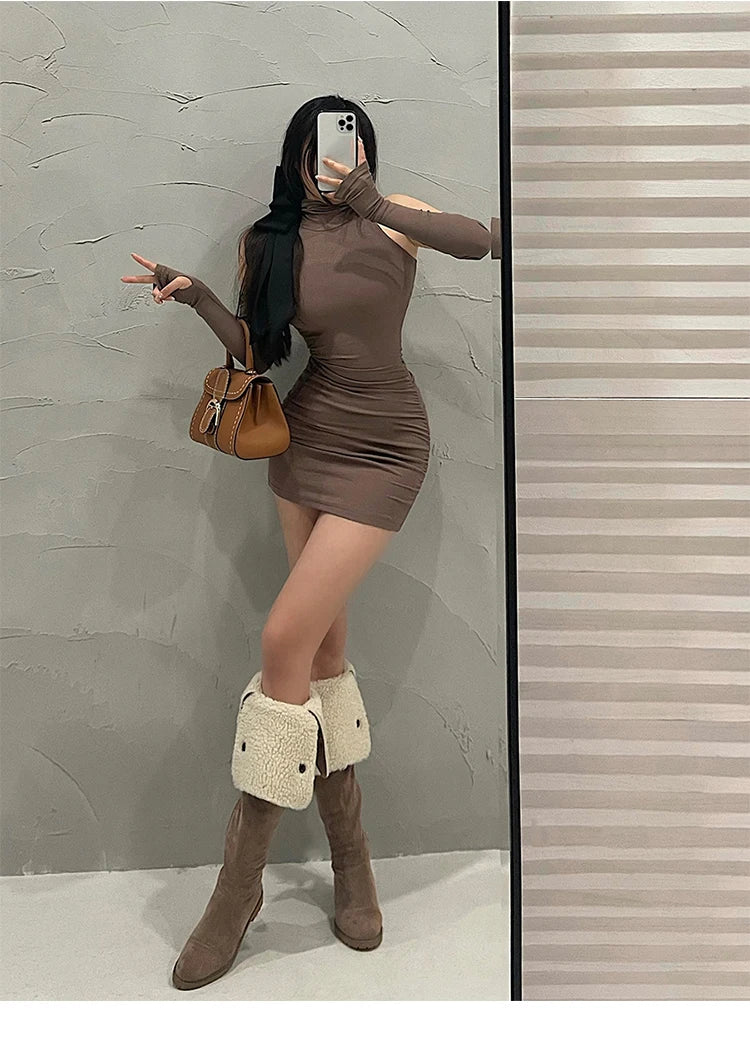 Sexy High Neck Tight Dress Oversleeve Pleated Bottom Wrapped Hip Dress