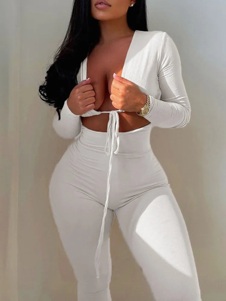 Kliou Solid Jumpsuit Drawstring Cleavage Waist Out One Piece Overall Sexy Body-Shaping Hipster Midnight Club Female Clothing