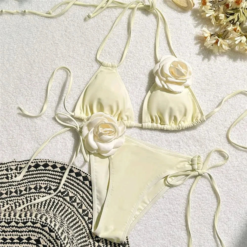 Sexy Flower Bandeau Swimwear Thong Bikini 2024 Women Lace-up Swimsuit