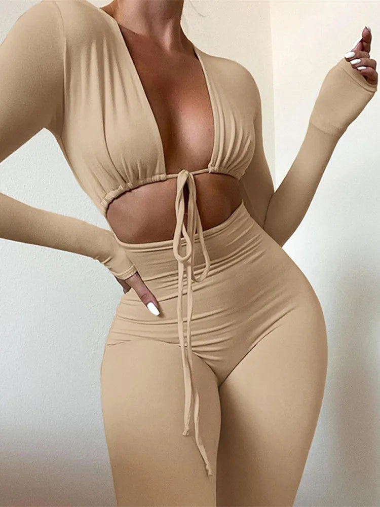Kliou Solid Jumpsuit Drawstring Cleavage Waist Out One Piece Overall Sexy Body-Shaping Hipster Midnight Club Female Clothing