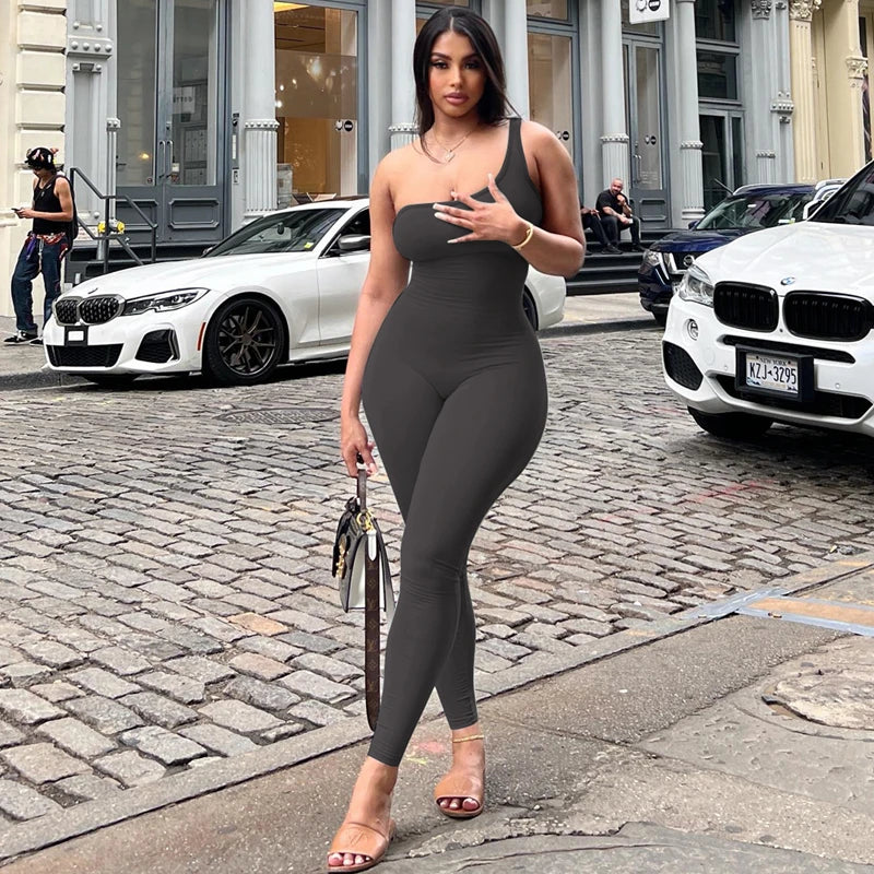 Sexy Slant Collar One Shoulder Sleeveless Solid Pure Clubwear Jumpsuit