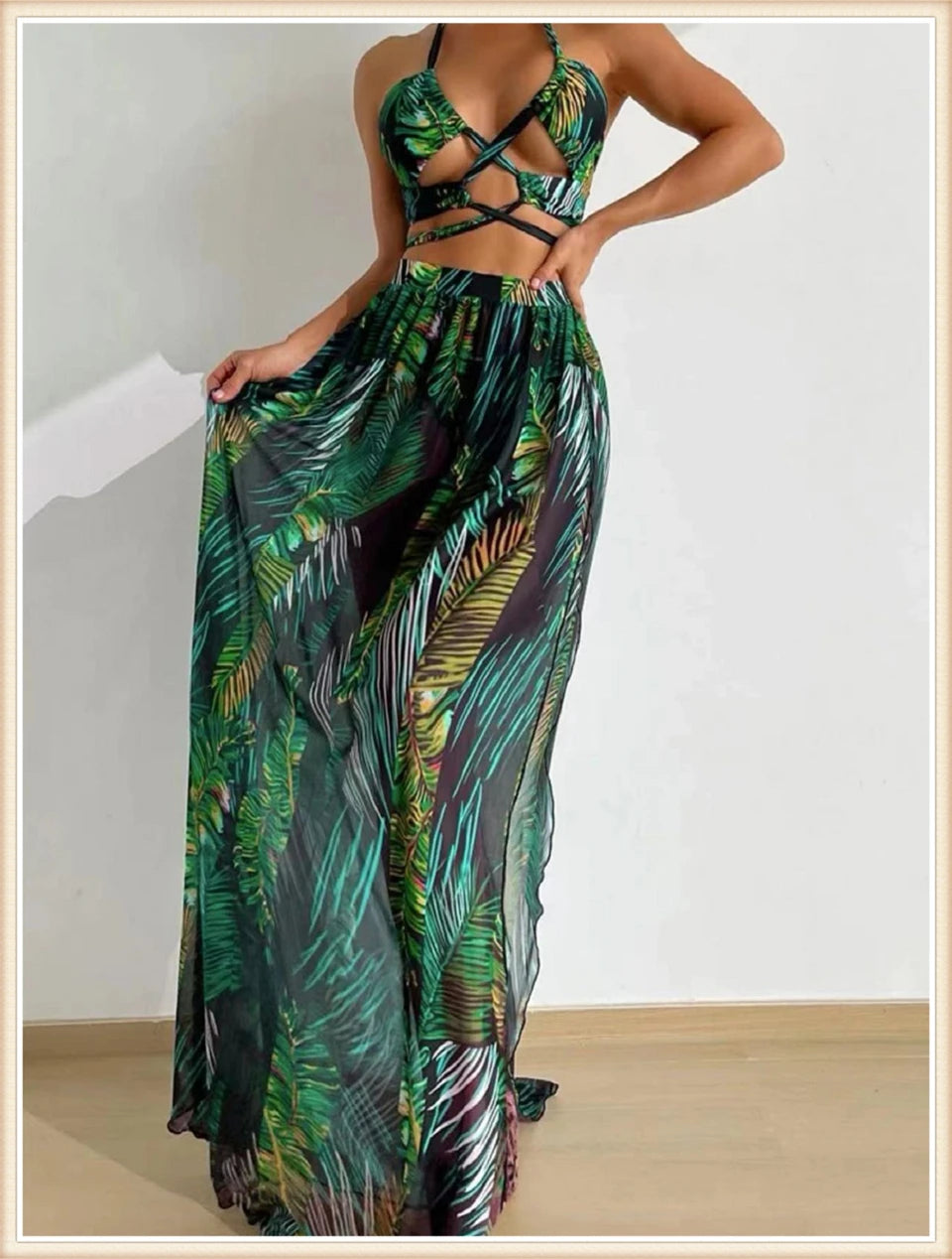 Women Sexy Halter Swimsuit & Cover Up Pants Swimwear