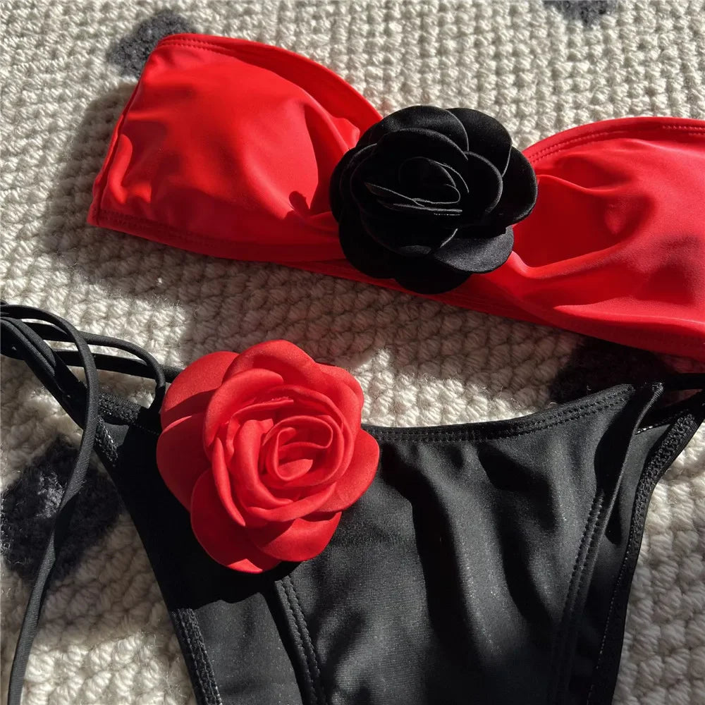 Sexy Flower Bandeau Swimwear Thong Bikini 2024 Women Lace-up Swimsuit