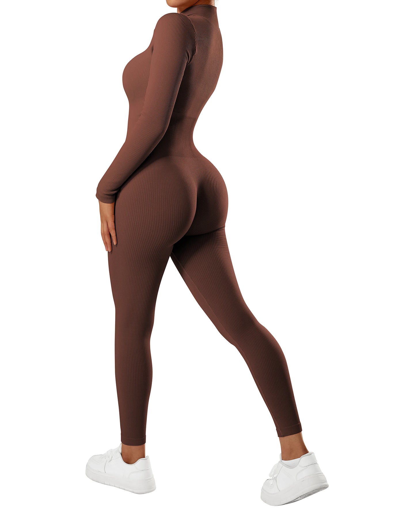 Women ‘s slim front Zipper Casual Brown Fitness Romper