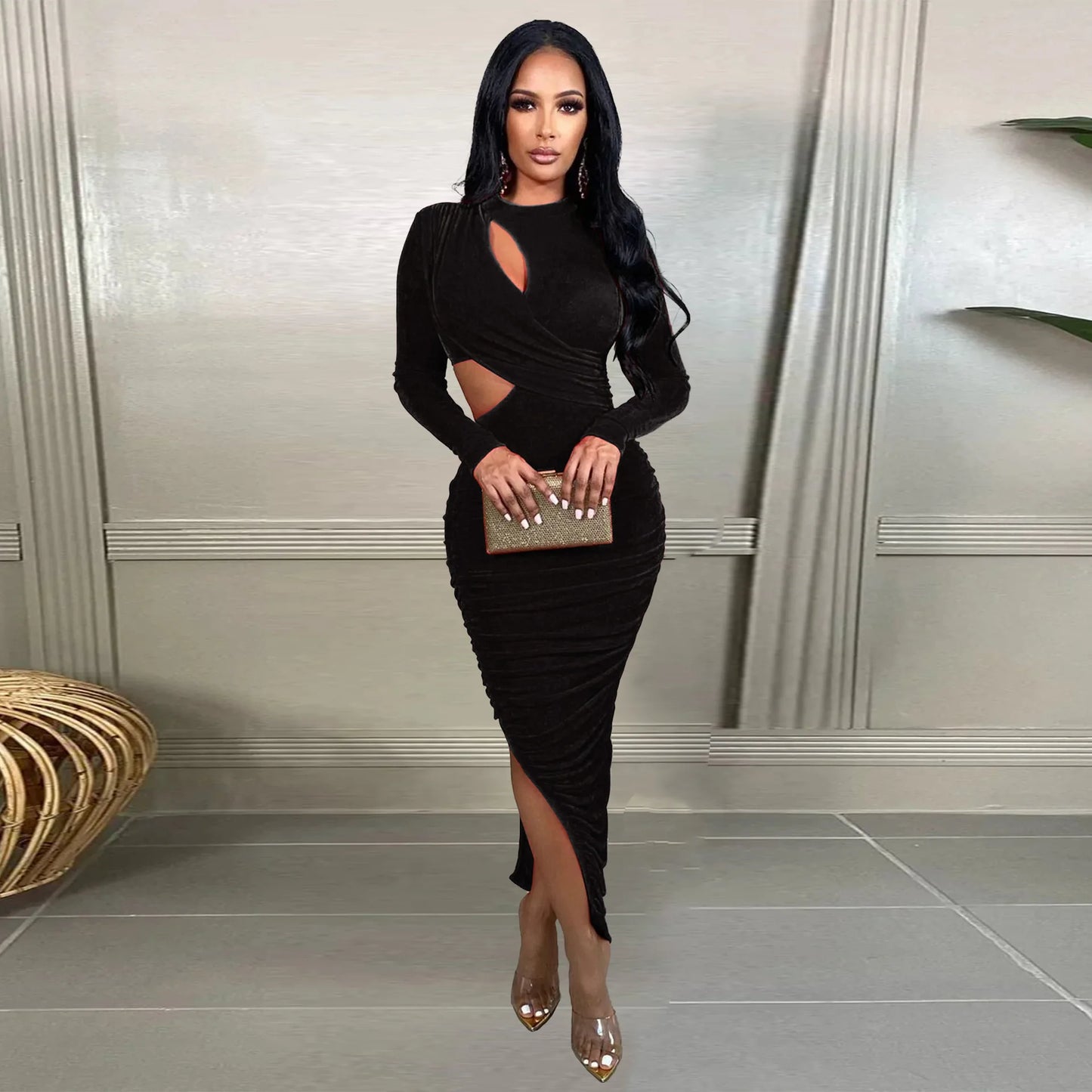 Women Wrap Cutout High Side Split Long Sleeve O-neck Maxi Dress.