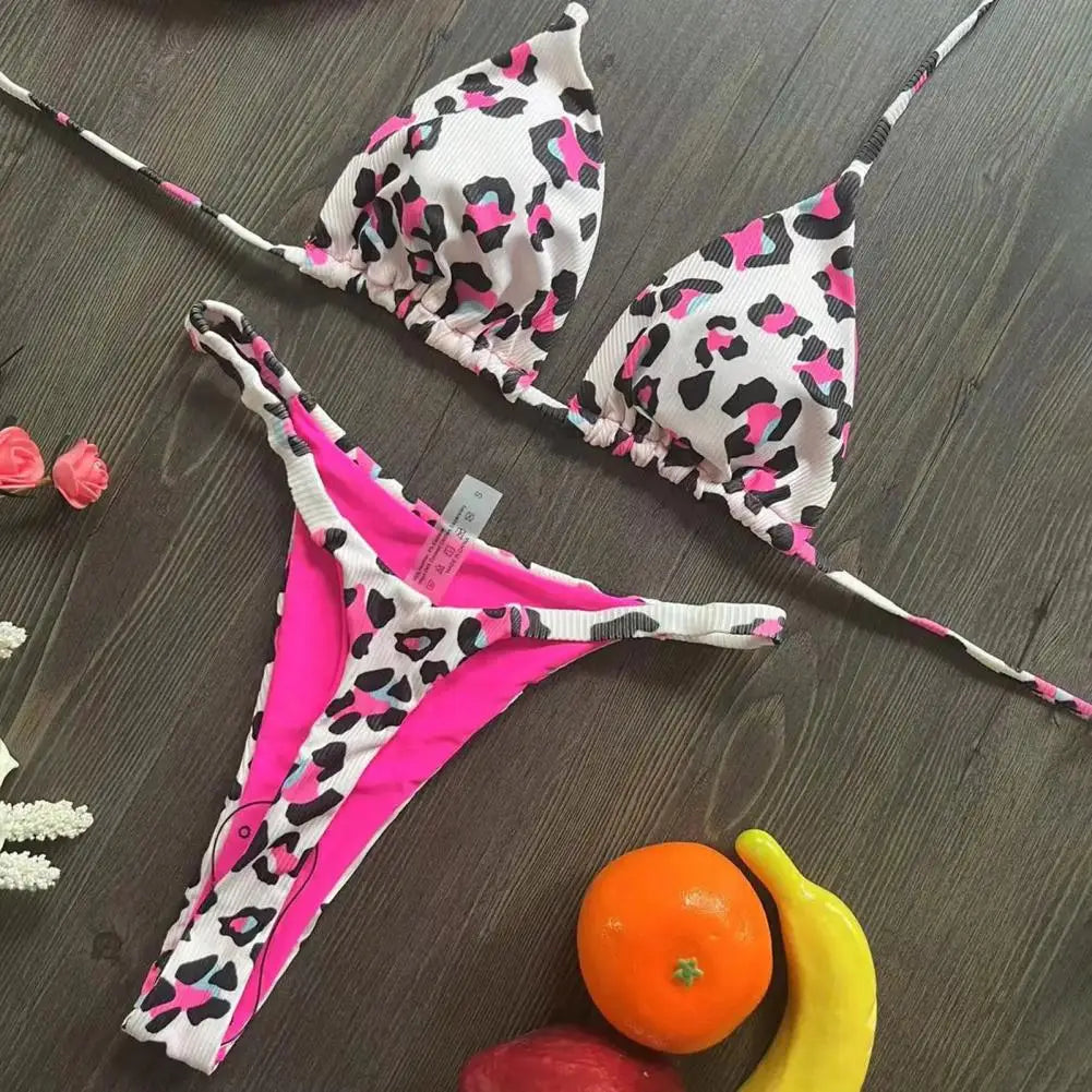 Lace-up Bikini Leopard Print Halter Bikini Set
