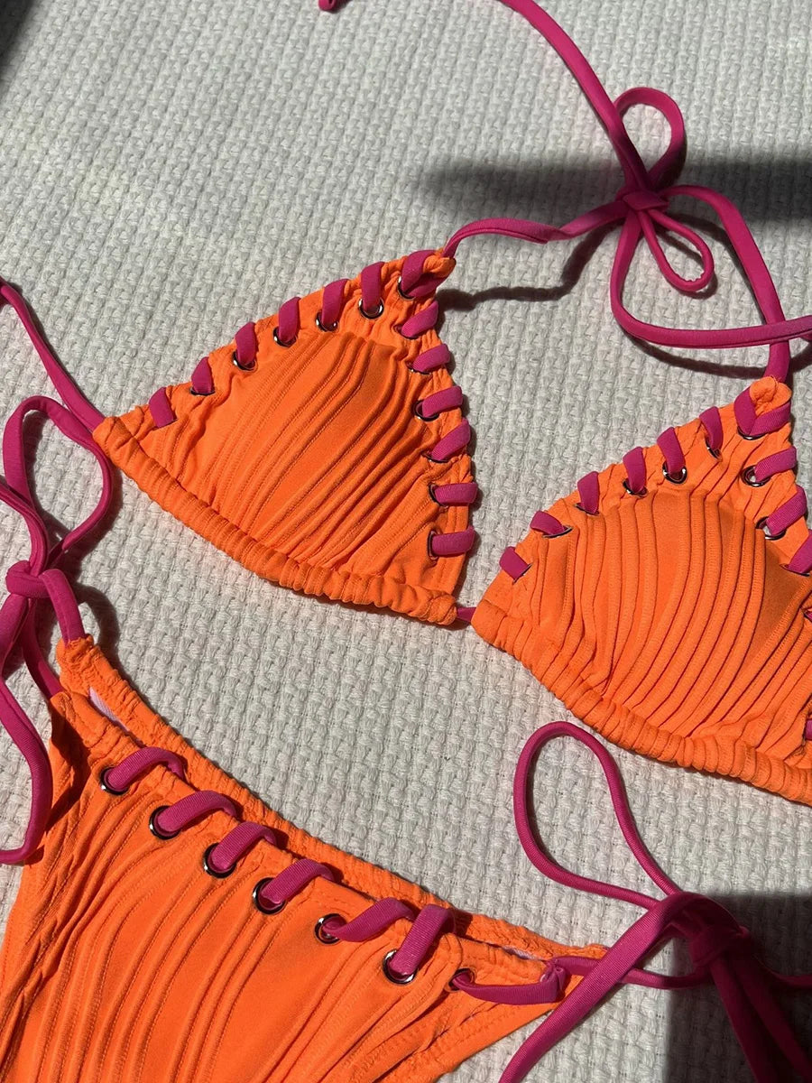 Halter Wrinkled Weave Bikini Women Swimwear