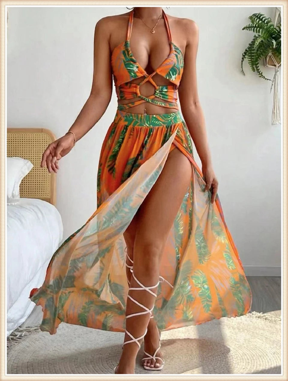 Women Sexy Halter Swimsuit & Cover Up Pants Swimwear