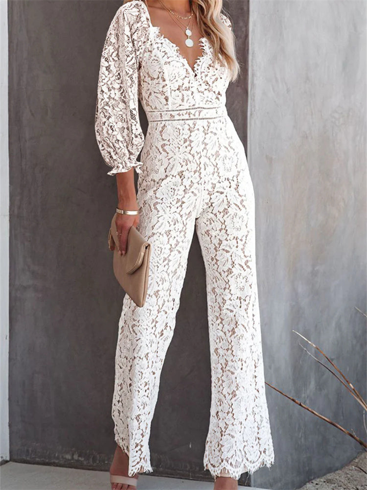Elegant Women's Lace Wide Leg Pants Jumpsuits