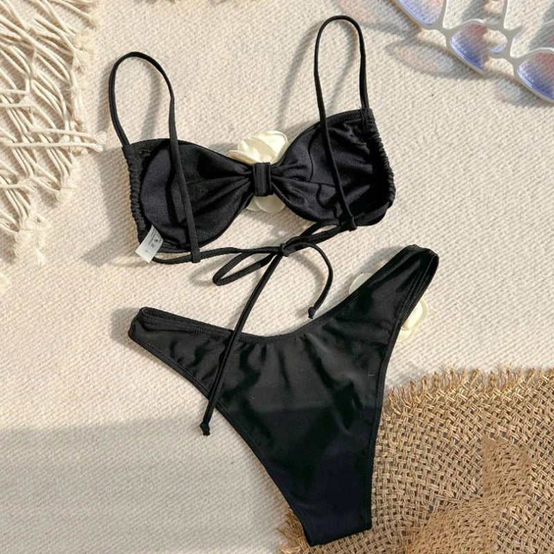 Sexy Flower Bandeau Swimwear Thong Bikini 2024 Women Lace-up Swimsuit