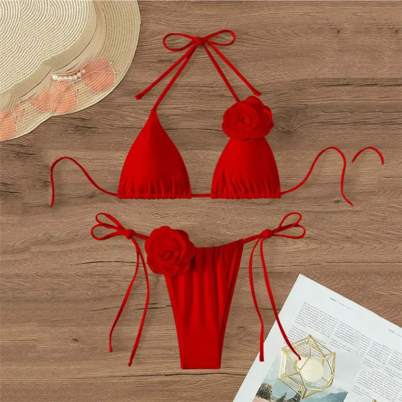 Sexy Flower Bandeau Swimwear Thong Bikini 2024 Women Lace-up Swimsuit