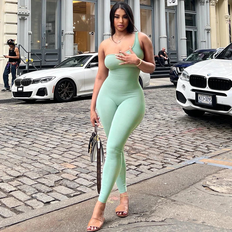 Sexy Slant Collar One Shoulder Sleeveless Solid Pure Clubwear Jumpsuit