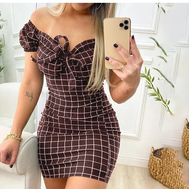 Sexy Plaid Off Shoulder Mini Dress