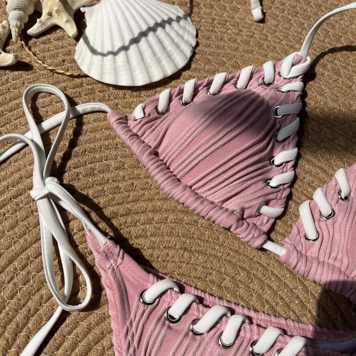 Halter Wrinkled Weave Bikini Women Swimwear
