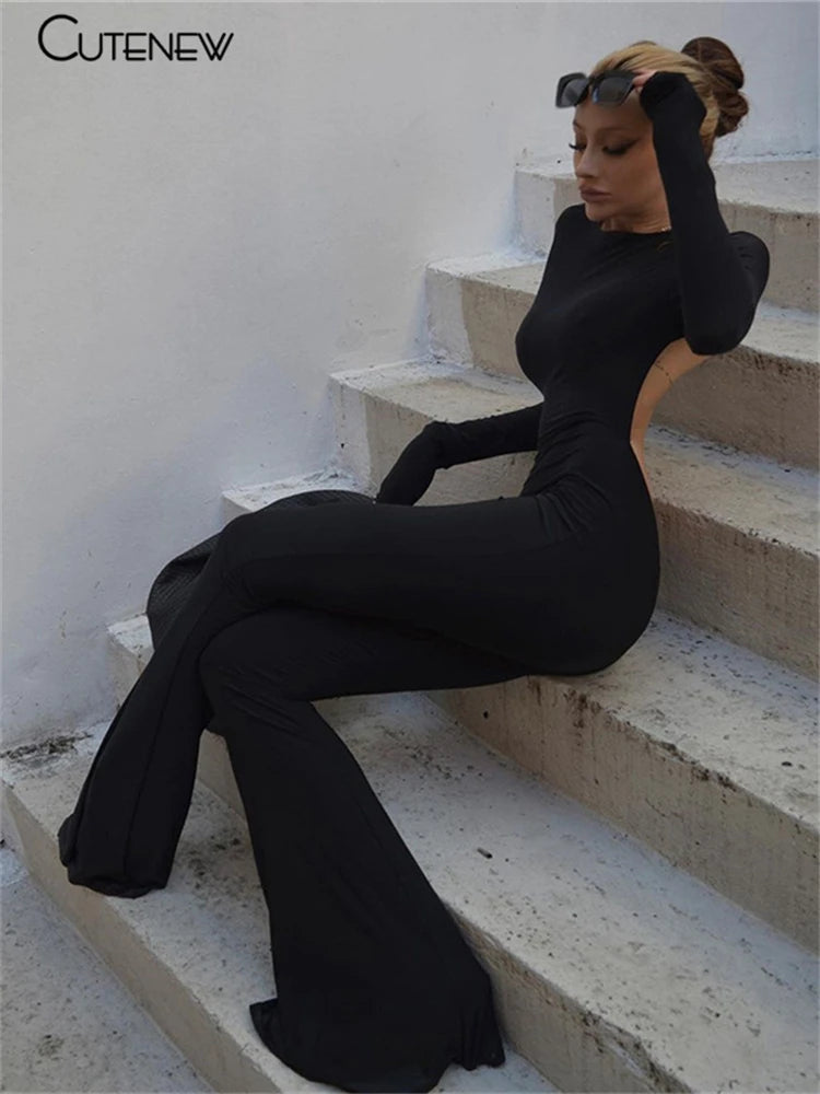 Women's Solid Black Sexy Backless Wide Leg Jumpsuit