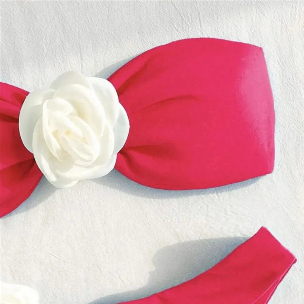 Sexy Flower Bandeau Swimwear Thong Bikini 2024 Women Lace-up Swimsuit