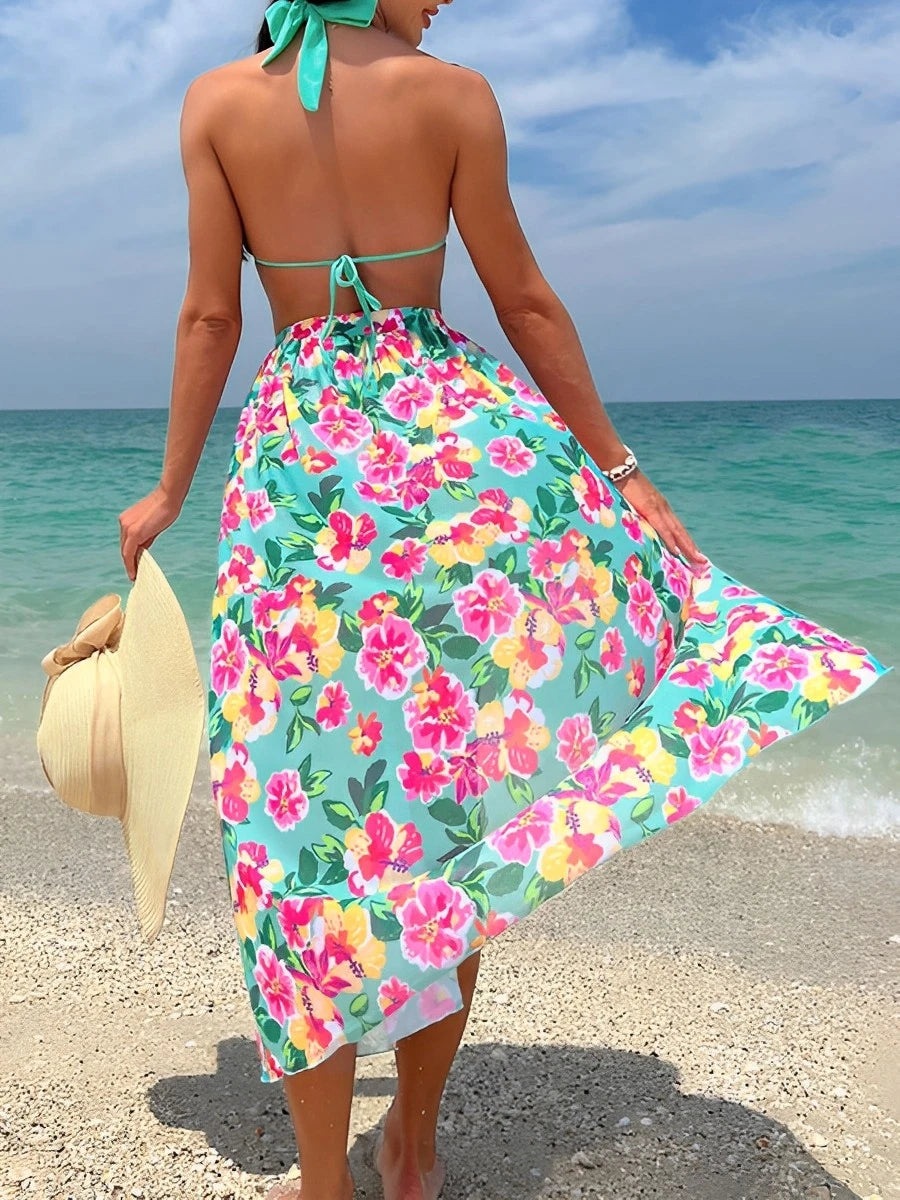 2024 Halter String Print 3 Piece Bikini Long Skirt Swimsuit Women