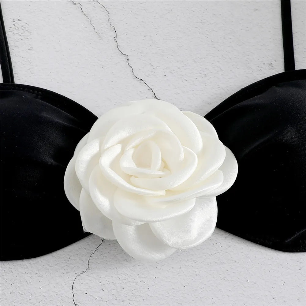Sexy Flower Bandeau Swimwear Thong Bikini 2024 Women Lace-up Swimsuit