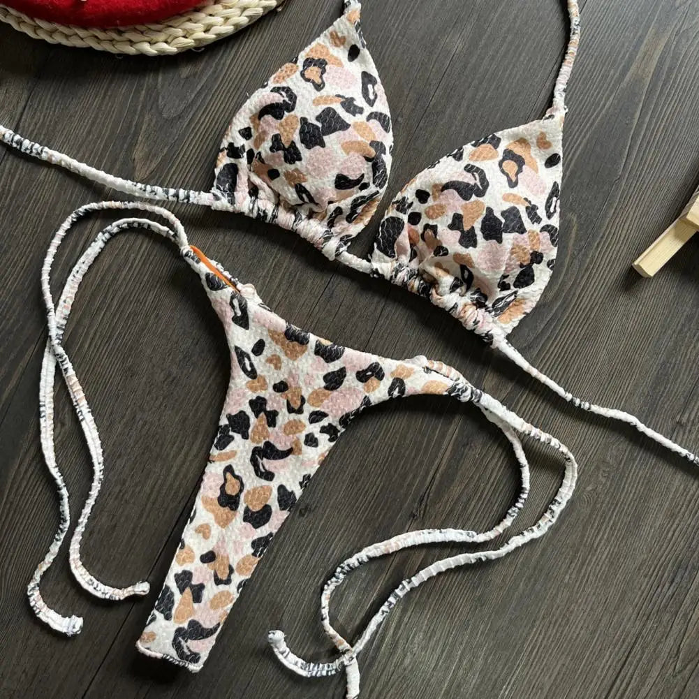 Lace-up Bikini Leopard Print Halter Bikini Set