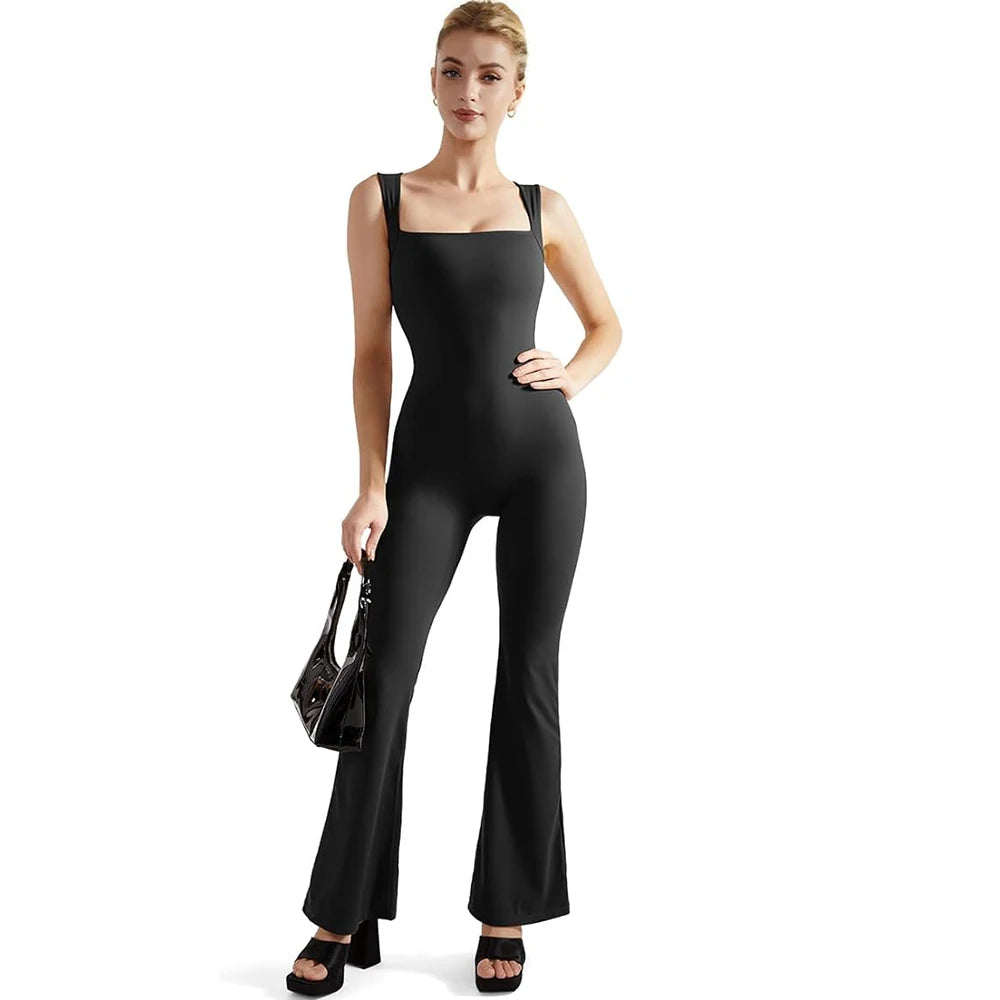 Women's Sleeveless Bodysuit Flared Pants with Square Neck
