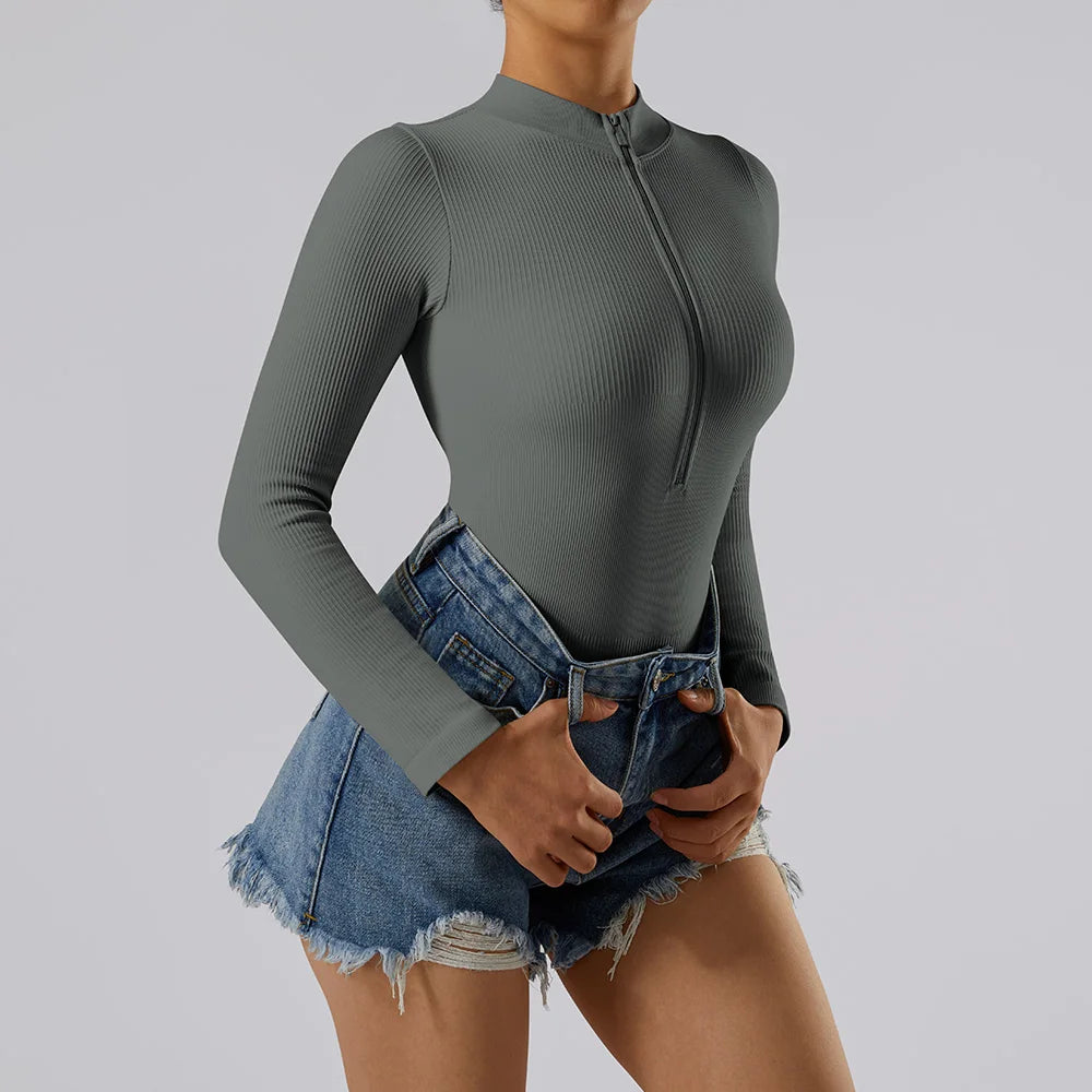 Women ‘s slim front Zipper Casual Brown Fitness Romper